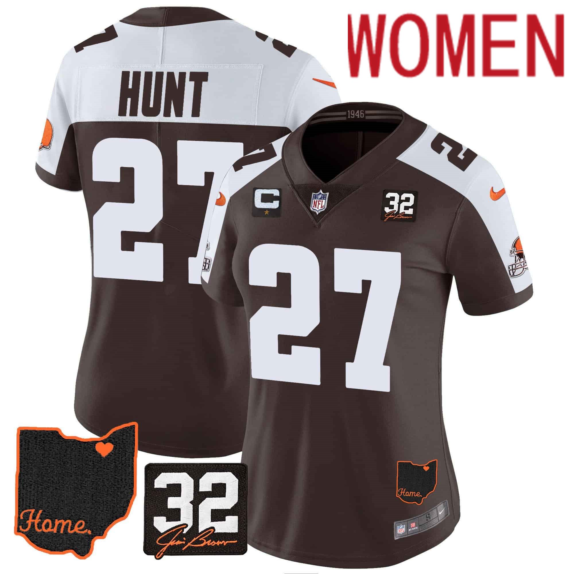 Women Cleveland Browns #27 Hunt Brown Memorial Home Patch 2024 Nike NFL Jersey